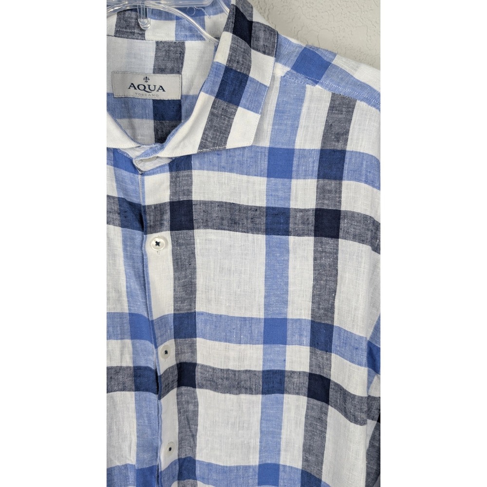 Aqua Toscano XXL Mens Linen Cotton Blend Blue‎ Plaid Button Down Shirt